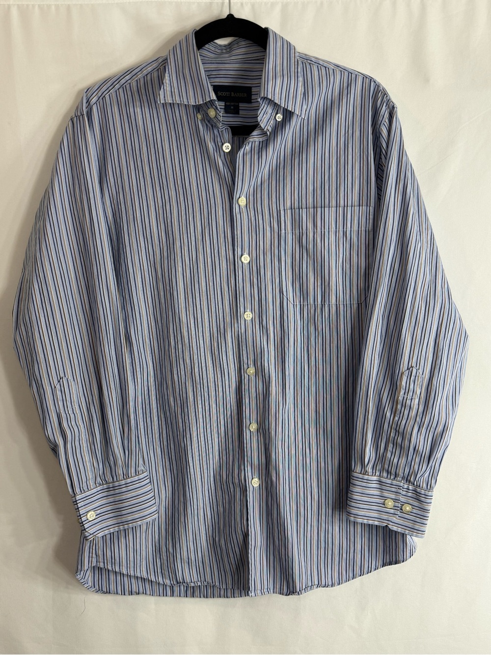 Scott Barber Men’s Blue Brown Striped Cotton Button Down Dress Shirt, Size M - Picture 1 of 5